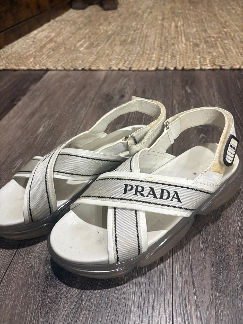 Prada White and Gray Logo Cross-Strap Flats